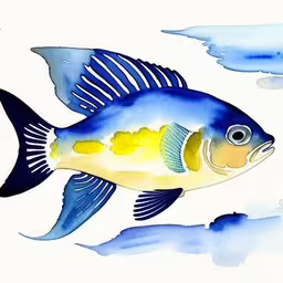 watercolor painting of a fish in blue and yellow,a blue and yellow fish that is in the water,a picture of a blue and yellow fish,a painting of a blue fish with a yellow beak,a painting of a fish with blue and yellow fins