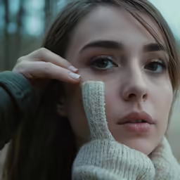 young woman in winter clothing holding a scarf over her face