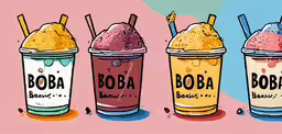 three cups filled with ice cream and drinks,three ice creams with boba cola on them, each in separate colors