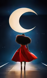 a woman with an afro in a red dress stands on a runway in front of a crescent with stars and the moon behind her
