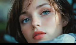 woman with freckled hair and light blue eyes, wearing white shirt