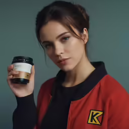 a woman holding onto a coffee cup in one hand and a container in the other