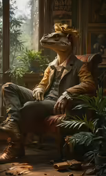the crocodile is sitting in a chair with his head in his hands