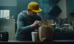 a man sitting at a kitchen table eating food
