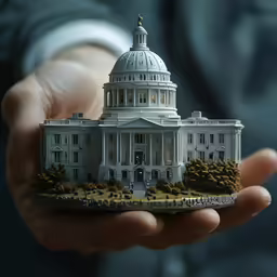 a toy image of the white house with its hands