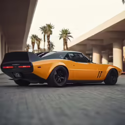 a yellow and black sports car sits outside a large building