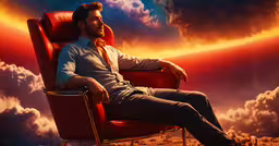 a man is sitting in a chair and watching the sun go down,a man sits in an armchair on a red background