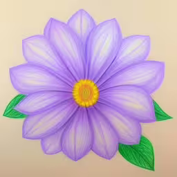 a drawing of a large purple flower with green leaves,the picture is a colored drawing of a purple flower with leaves,a purple flower has green leaves on it,an image of a purple flower that is painted on the wall,a drawing of a blue and yellow flower