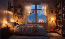 an unmade bed and window with curtains lit up
