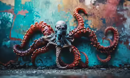 an octopus with skeleton head and legs sitting on the ground