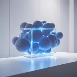 a sculpture with blue balls in a clear square