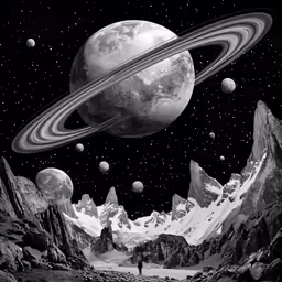 a black and white illustration with planets and the sun