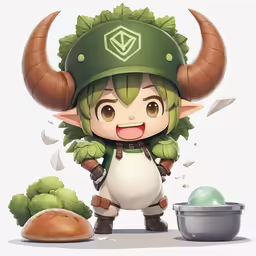 an adorable little elf with horns and horns on her head stands next to a bowl of food