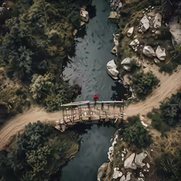 an aerial view of a person walking across a bridge over a river