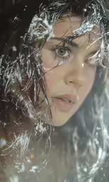 a woman with long hair is standing under water