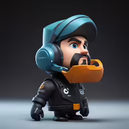 an animation toy in uniform, with headphones and a nosepiece