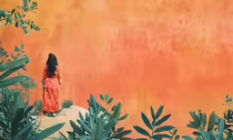 a little girl stands on top of the rock next to plants and trees