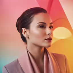 an image of a woman with a pink jacket and a blue blouse