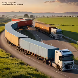 two semi trucks drive down the road near a grass field,a road with semis and semi trucks driving down it
