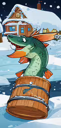 the alligator sits on top of a wooden barrel in the snow,a cartoon alligator is jumping over a barrel