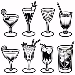 many glasses filled with different drinks are drawn,a set of different kinds of alcohol glasses