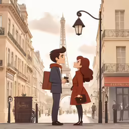 a man and woman are standing by a light post