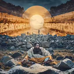 a man sitting in the grass next to rocks