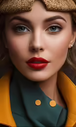 a beautiful woman in a yellow hat and red lips