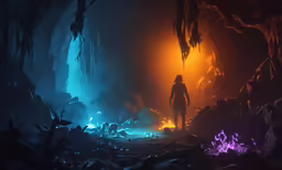 a man is standing in the dark with fire burning through the ground