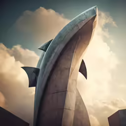 a sculpture in front of the sky with clouds