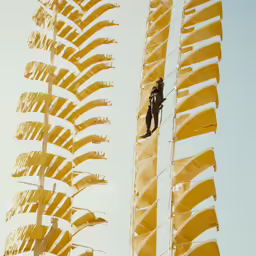 a person on a snowboard on a rope near many large objects