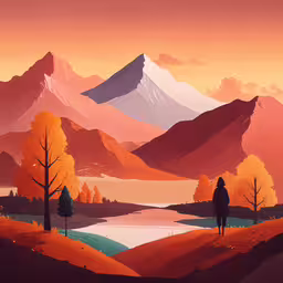 a man is standing on top of a hill watching a mountain range,a landscape of mountains, trees, and clouds