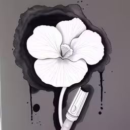 black and white drawing of a flower with a brush,the painting on the wall has white and black paint