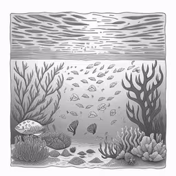 a black and white drawing of fish in the ocean