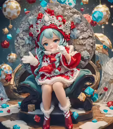 anime figurine sitting on a chair surrounded by decorations