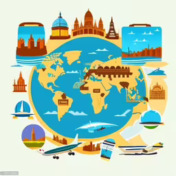 an image of a flat world map with different places,travel icons and monuments over a map of the world