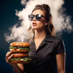 girl with a double layer sandwich under smoke