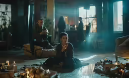 a woman sits on the floor and reads her phone