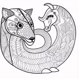 an image of a bird in the shape of a letter f,a coloring book page featuring a bird and deer