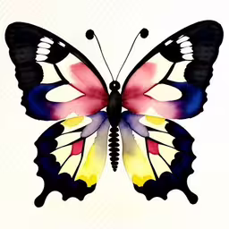 a watercolor painting of a multicolored butterfly on white