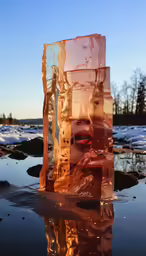 a ice block has been shaped to look like a face