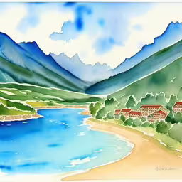 /tmp/FOOMCfsar.jpg = a drawing of a beach with a hotel surrounded by mountains
,/tmp/FOOMCfsar.jpg = a watercolor painting of a scenic lake and mountains
,/tmp/FOOMCfsar.jpg = a painting of watercolor painting of a house and a beach
,/tmp/FOOMCfsar.jpg = a painting of a mountain landscape with a lake and house in the foreground
,/tmp/FOOMCfsar.jpg = a painting of a beautiful mountain landscape next to a river
,/tmp/FOOMCfsar.jpg = watercolor painting of beach and mountains in a town
,/tmp/FOOMCfsar.jpg = a painting of water and a large body of water
