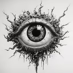 an artistic drawing with an eye and paint drops on the ground