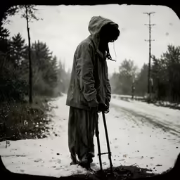 the man is holding his cane on the side of the road