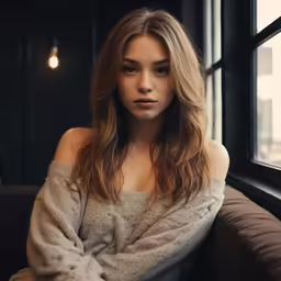 a woman with long hair in a gray shirt sits in front of a window and looks at the camera