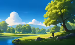 a painting that has some trees by the water