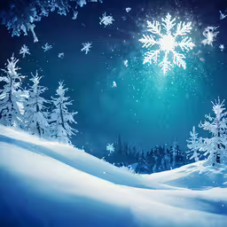 a snow covered landscape with a snow flake that resembles the falling snow,snow covered trees and snowy mountain at night
