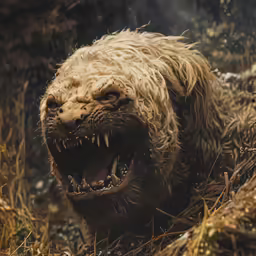 the large bear is in the grass roaring