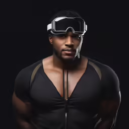 an african american man with goggles on and his hands folded out