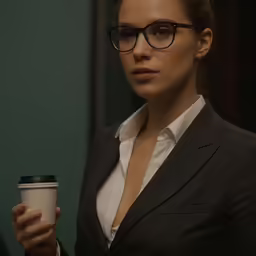 a woman is wearing glasses and holds a coffee cup